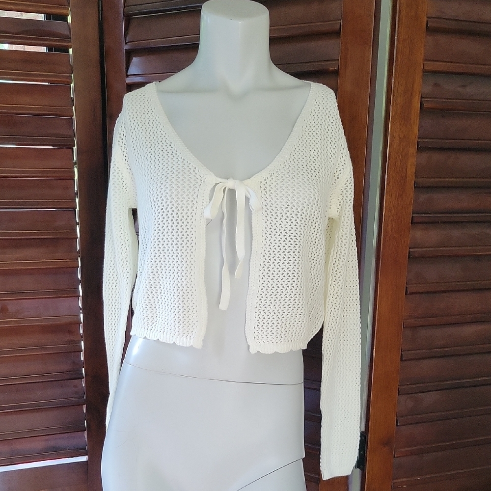 Laura Ashley Knit Cardigan Cream Crop Tie Front Open Weave Long Sleeve Sz 4 Sm